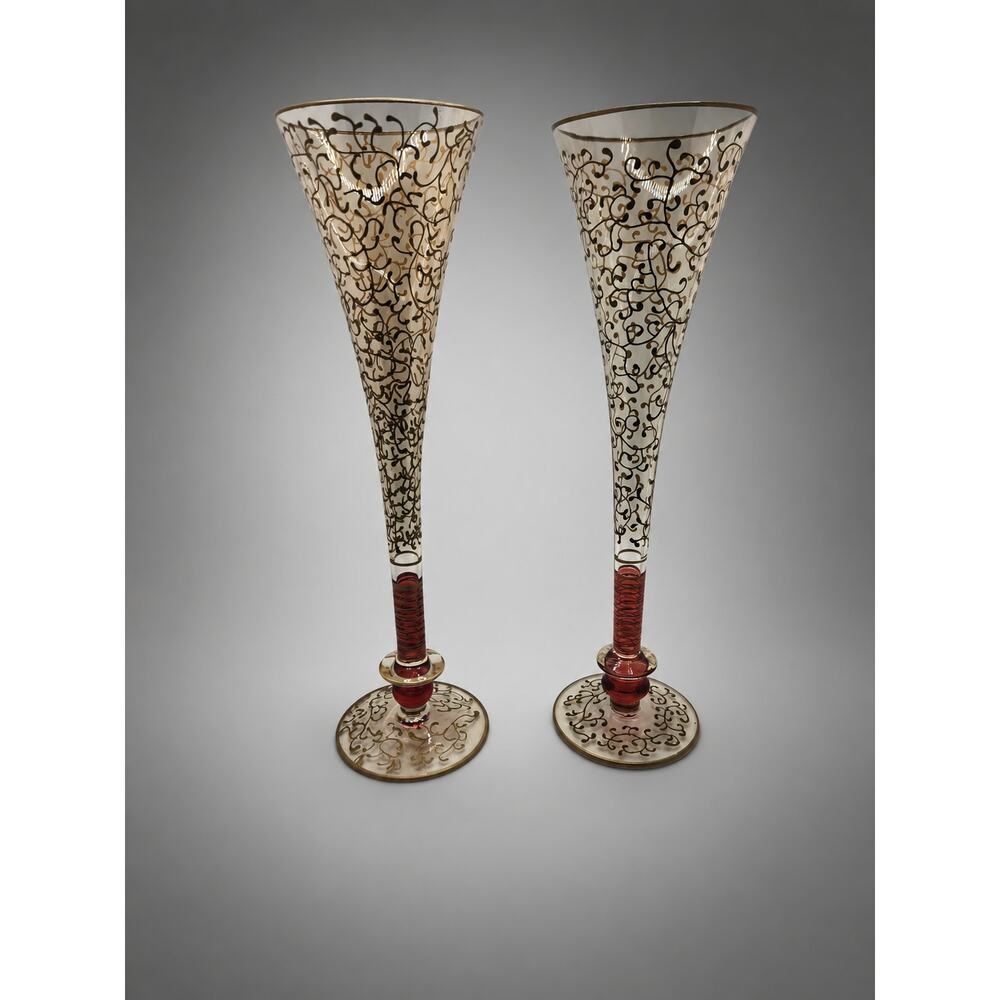 Pier 1 Fluted Champagne Glasses P1C8 Gold Filigree Red Stem Set of 2 Vintage